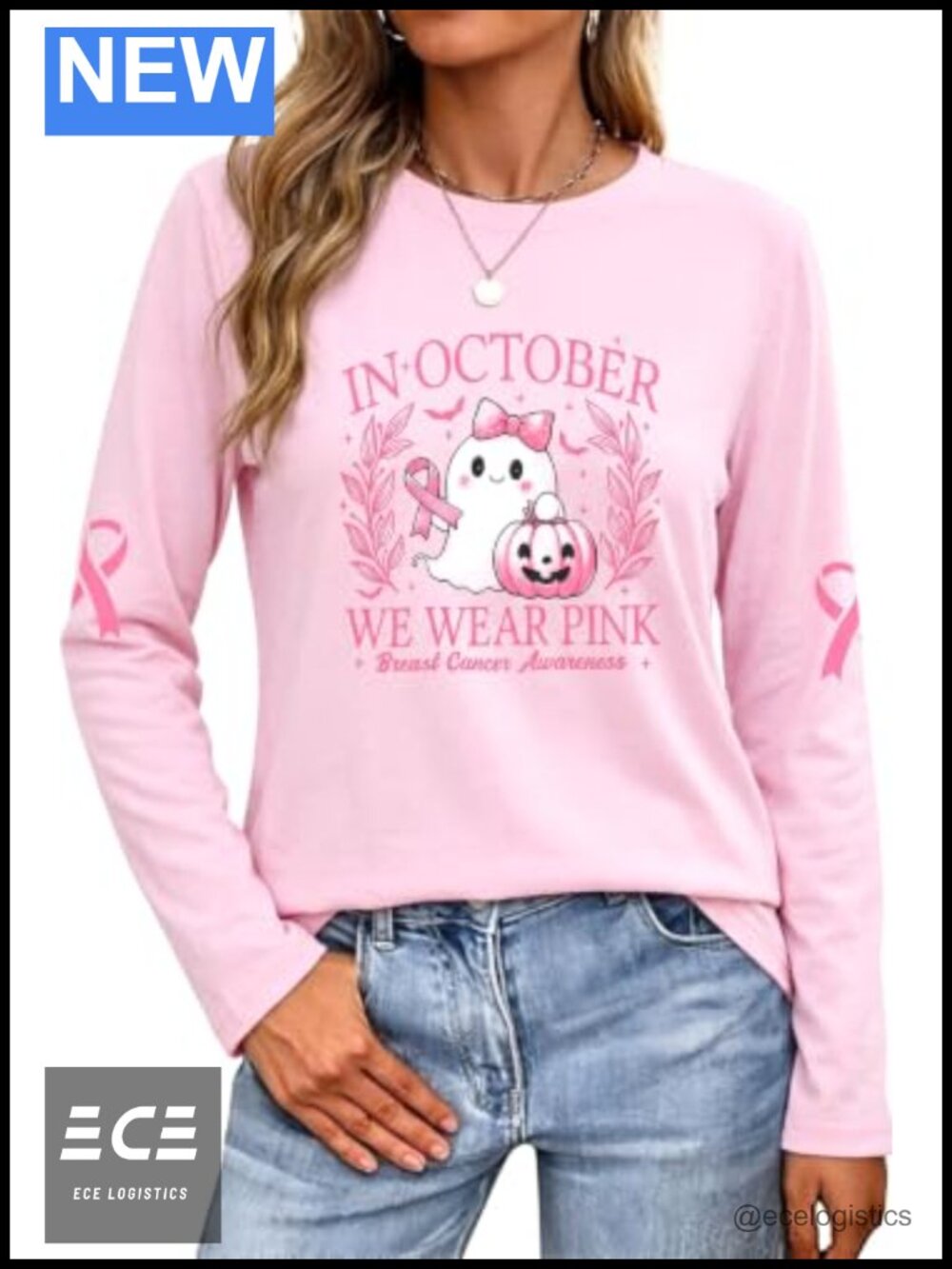 Breast Cancer Awareness Long Sleeve Shirt Halloween Graphic Tee Women
